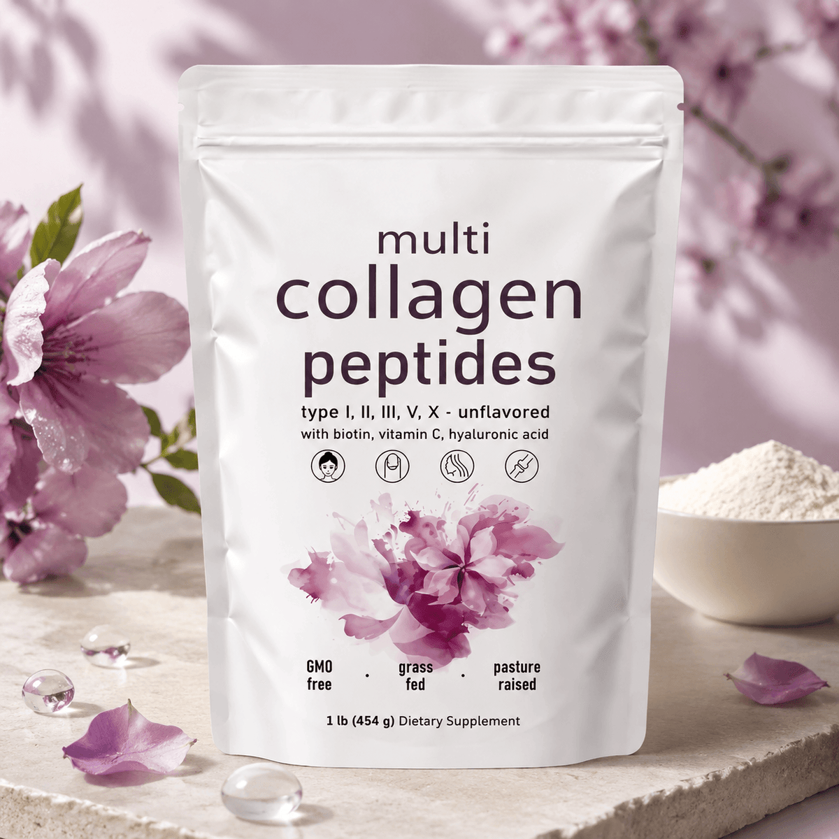 Multi Collagen Peptides — Piel Radiante, Cabello Fuerte y Uñas Perfectas Con 5 Tipos de Colágeno + Biotina, Vitamina C y Ácido Hialurónico ✨🌸