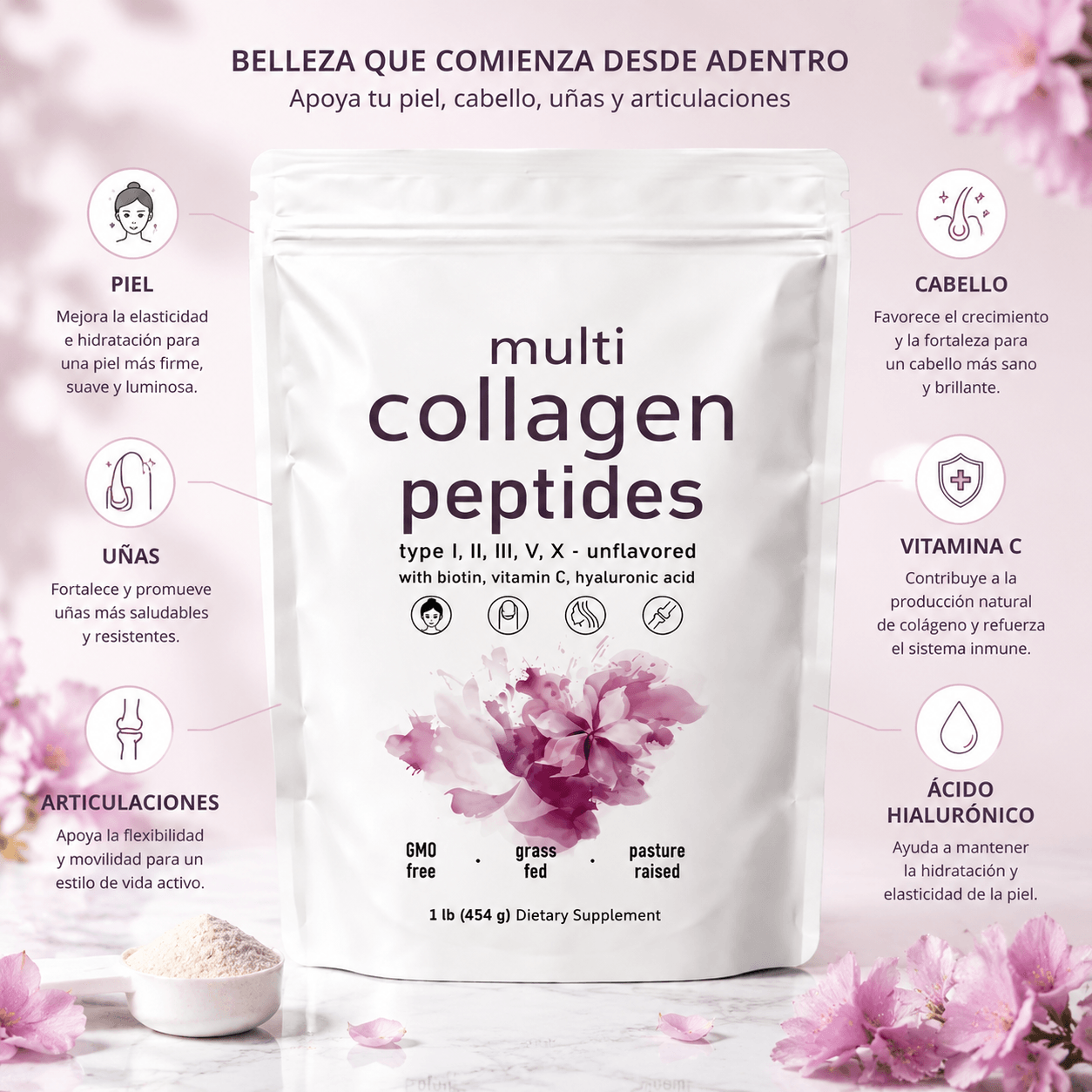 Multi Collagen Peptides — Piel Radiante, Cabello Fuerte y Uñas Perfectas Con 5 Tipos de Colágeno + Biotina, Vitamina C y Ácido Hialurónico ✨🌸