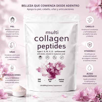 Multi Collagen Peptides — Piel Radiante, Cabello Fuerte y Uñas Perfectas Con 5 Tipos de Colágeno + Biotina, Vitamina C y Ácido Hialurónico ✨🌸