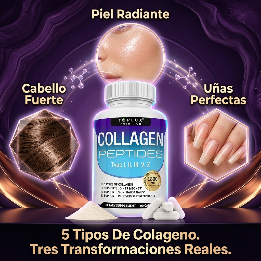 Collagen Peptides 90 Cápsulas — Piel Radiante, Cabello Fuerte y Uñas Perfectas Con 5 Tipos de Colágeno en 1 ✨
