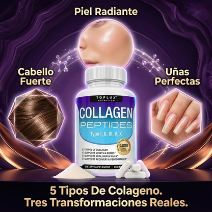 Collagen Peptides 90 Cápsulas — Piel Radiante, Cabello Fuerte y Uñas Perfectas Con 5 Tipos de Colágeno en 1 ✨