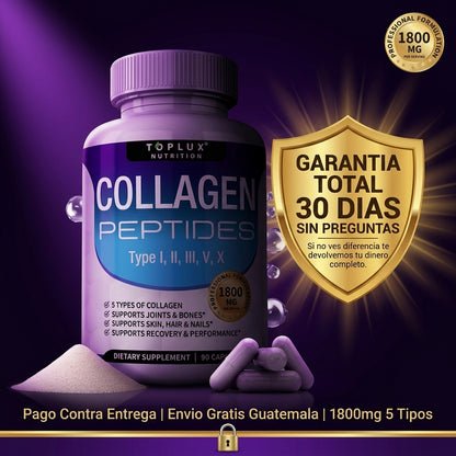 Collagen Peptides 90 Cápsulas — Piel Radiante, Cabello Fuerte y Uñas Perfectas Con 5 Tipos de Colágeno en 1 ✨