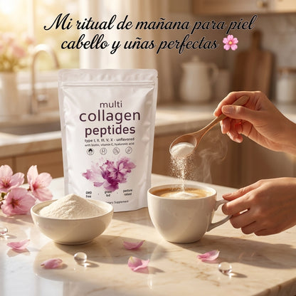 Multi Collagen Peptides — Piel Radiante, Cabello Fuerte y Uñas Perfectas Con 5 Tipos de Colágeno + Biotina, Vitamina C y Ácido Hialurónico ✨🌸