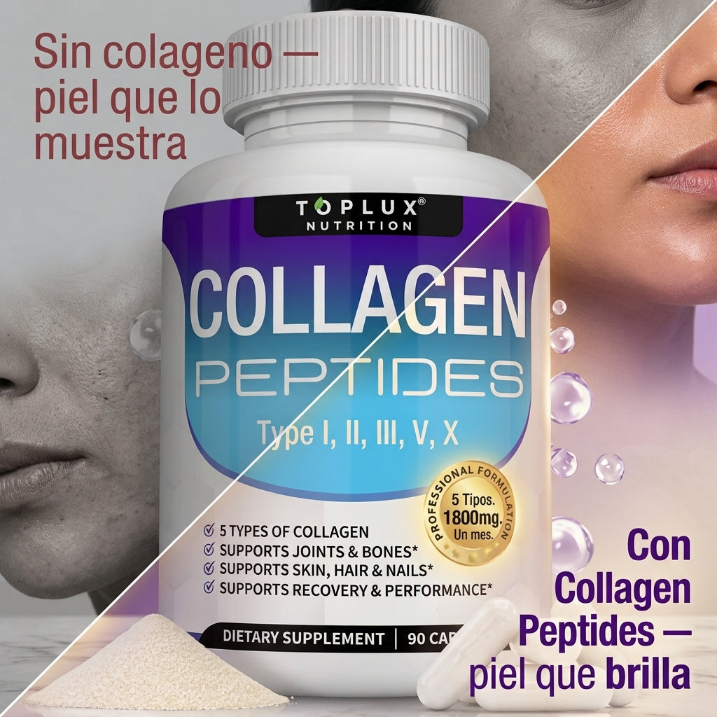 Collagen Peptides 90 Cápsulas — Piel Radiante, Cabello Fuerte y Uñas Perfectas Con 5 Tipos de Colágeno en 1 ✨