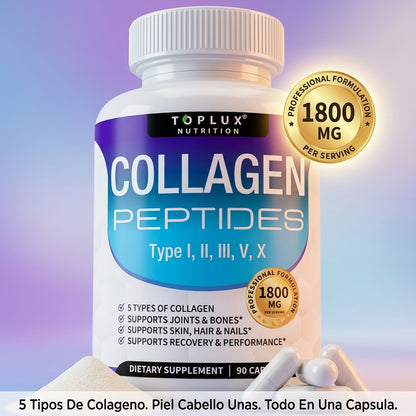 Collagen Peptides 90 Cápsulas — Piel Radiante, Cabello Fuerte y Uñas Perfectas Con 5 Tipos de Colágeno en 1 ✨