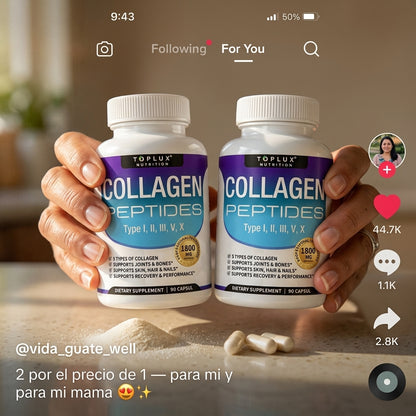 Collagen Peptides 90 Cápsulas — Piel Radiante, Cabello Fuerte y Uñas Perfectas Con 5 Tipos de Colágeno en 1 ✨